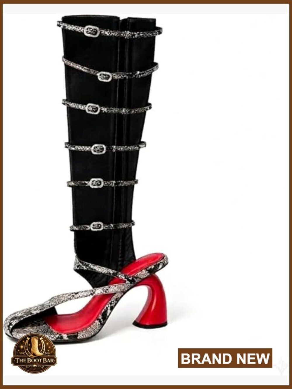 Knee High Gladiator Boots Square Toe Sculptural Heel Buckle Straps Back Zipper
